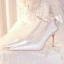 Fashion Ivory Satin Rhinestone Bow Wedding Shoes 2023 Leather 8 cm Stiletto Heels Pointed Toe Wedding Pumps High Heels