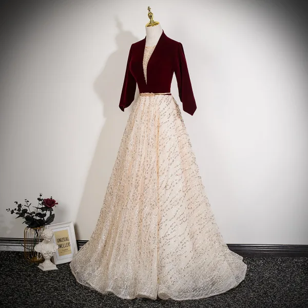 Chic / Beautiful Burgundy Sequins Prom Dresses 2025 A-Line / Princess V-Neck 1/2 Sleeves Backless Sash Floor-Length / Long Prom Formal Dresses