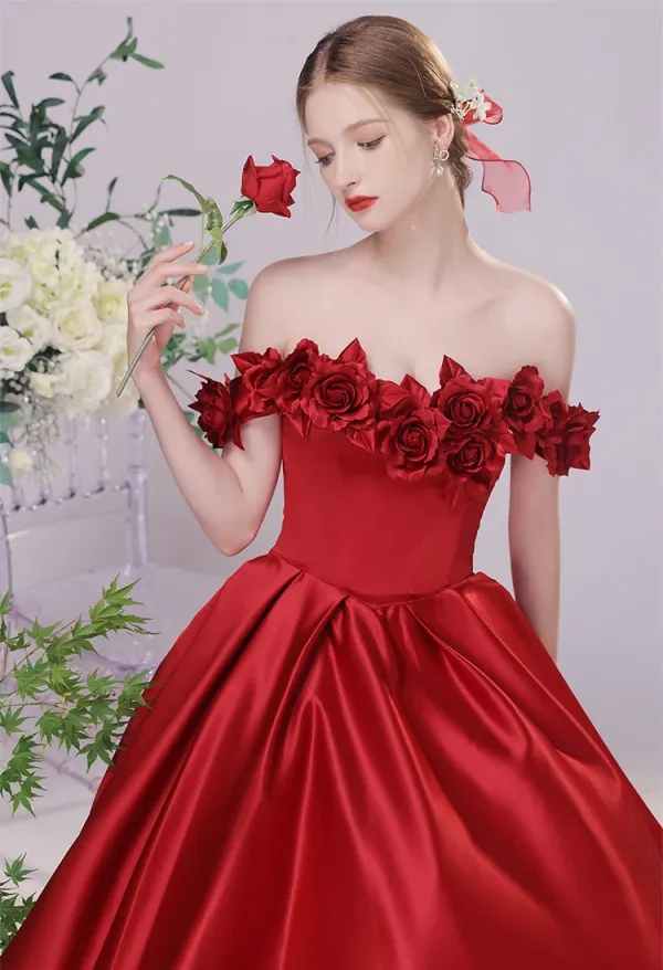 Chic / Beautiful Burgundy Satin Prom Dresses 2023 A-Line / Princess Off-The-Shoulder Appliques Sleeveless Backless Floor-Length / Long Prom Formal Dresses