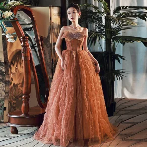 Sjarmerende Orange Gripende Ruffles Paljetter Selskapskjoler 2022 Prinsesse Strapless Rhinestone Sommerfugl Uten Ermer Ryggløse Lange Aften Formelle Kjoler