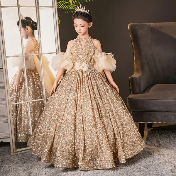 Sparkly Gold Sequins Birthday Sweep Train Flower Girl Dresses 2025 Ball Gown High Neck Short Sleeve