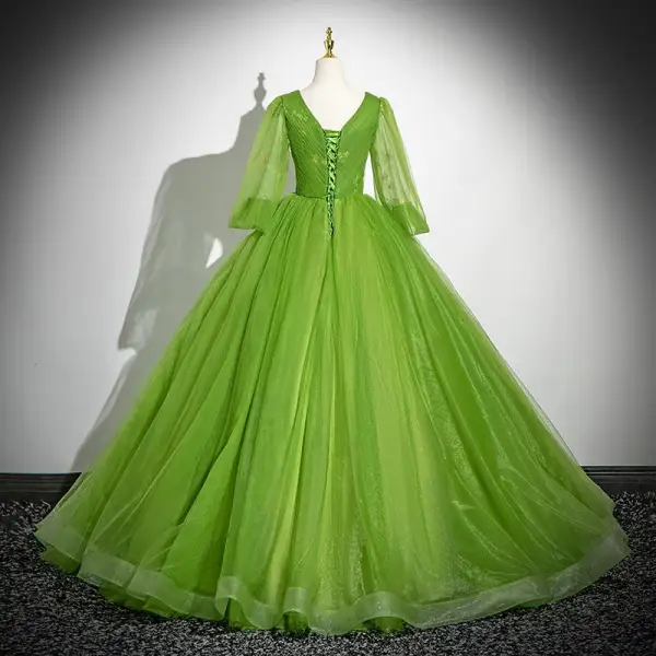 Classic Green Ball Gown Prom Dresses 2024 V-Neck 3/4 Sleeve Backless Floor-Length / Long Prom Formal Dresses