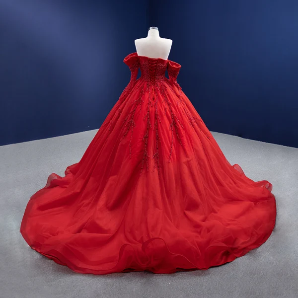 High-end Red Beading Pearl Prom Dresses 2022 Ball Gown Off-The-Shoulder 1/2 Sleeves Backless Chapel Train