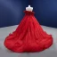 High-end Red Beading Pearl Prom Dresses 2022 Ball Gown Off-The-Shoulder 1/2 Sleeves Backless Chapel Train