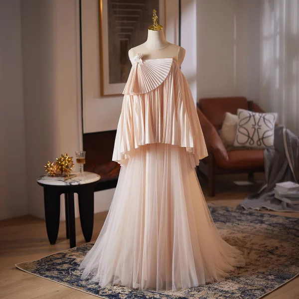 Fashion Blushing Pink Bow Sash Prom Dresses 2025 A-Line / Princess Scoop Neck Sleeveless Backless Sweep Train Formal Dresses