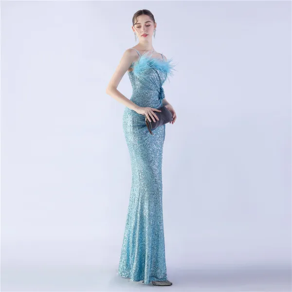 Charmant Bleu Marine Paillettes Fendue devant Robe De Soirée 2024 Trompette / Sirène Bretelles Spaghetti Gland Sans Manches Dos Nu Longue Soirée Robe De Ceremonie