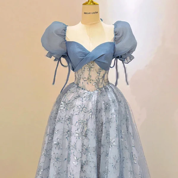 Chic / Belle Bleu Ciel Paillettes Robe De Bal 2023 Princesse Encolure Carrée Gonflée Manches Courtes Dos Nu Noeud Longue Promo Robe De Ceremonie