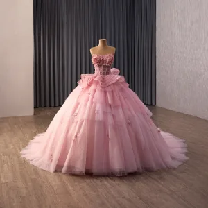 Luxe Rougissant Rose Fait Main Appliques Paillettes Perle Volants En Cascade Robe De Bal 2026 Robe Boule Bustier Sans Manches Dos Nu Chapel Train Promo Robe De Ceremonie