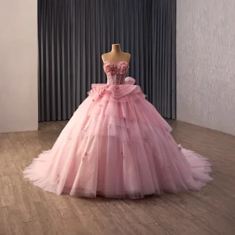 Luxe Rougissant Rose Fait Main Appliques Paillettes Perle Volants En Cascade Robe De Bal 2026 Robe Boule Bustier Sans Manches Dos Nu Chapel Train Promo Robe De Ceremonie