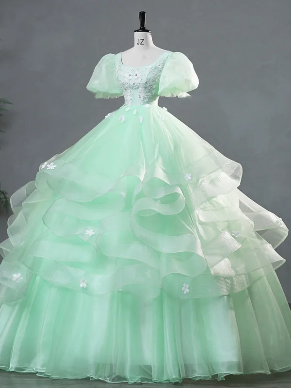 Elegant Sage Green Lace Flower Cascading Ruffles Prom Dresses 2024 Ball Gown Square Neckline Puffy Short Sleeve Backless Floor-Length / Long Prom Formal Dresses