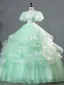 Elegant Sage Green Lace Flower Cascading Ruffles Prom Dresses 2024 Ball Gown Square Neckline Puffy Short Sleeve Backless Floor-Length / Long Prom Formal Dresses