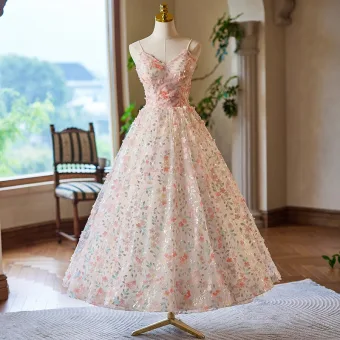 Fée Des Fleurs Rougissant Rose Paillettes Appliques Robe De Bal 2024 Robe Boule Bretelles Spaghetti Sans Manches Dos Nu Longue Promo Robe De Ceremonie