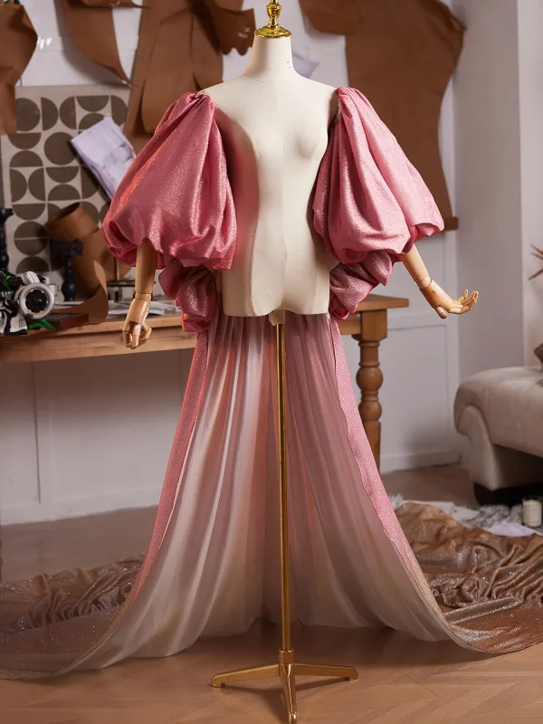 Fashion Candy Pink Gradient-Color Glitter Evening Party shawl 2025 Puffy Short Sleeve
