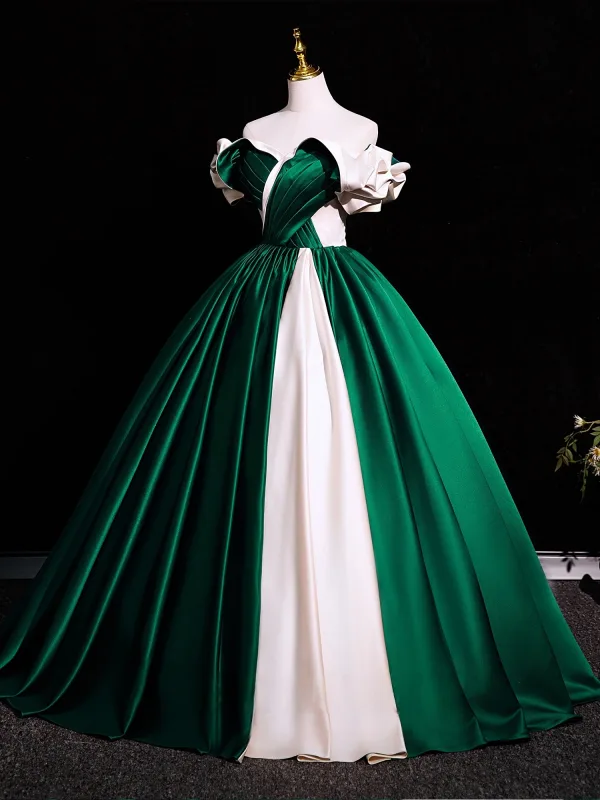 Two Tone Elegant Dark Green Satin Prom Dresses 2025 Ball Gown Off-The-Shoulder Short Sleeve Backless Floor-Length / Long Prom Formal Dresses