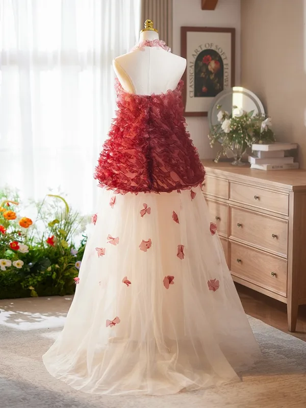 Chic / Belle Bordeaux Appliques Robe De Bal 2025 Princesse Col Haut Sans Manches Dos Nu Train De Balayage Tulle Robe De Ceremonie