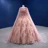 Charming Blushing Pink Appliques Sequins Prom Dresses Wedding Dresses 2022 With Cloak Ball Gown Strapless Sleeveless Backless Floor-Length / Long Formal Dresses