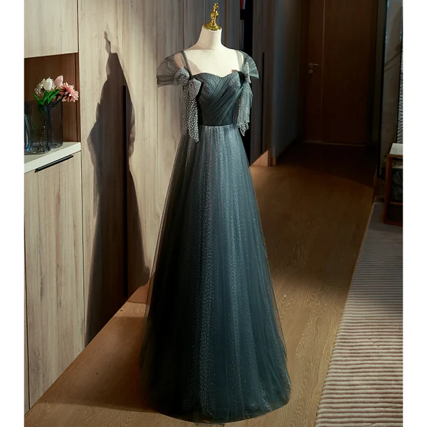 Chic / Beautiful Ink Blue Spotted Prom Dresses 2022 A-Line / Princess Off-The-Shoulder Short Sleeve Backless Sequins Bow Floor-Length / Long Formal Dresses
