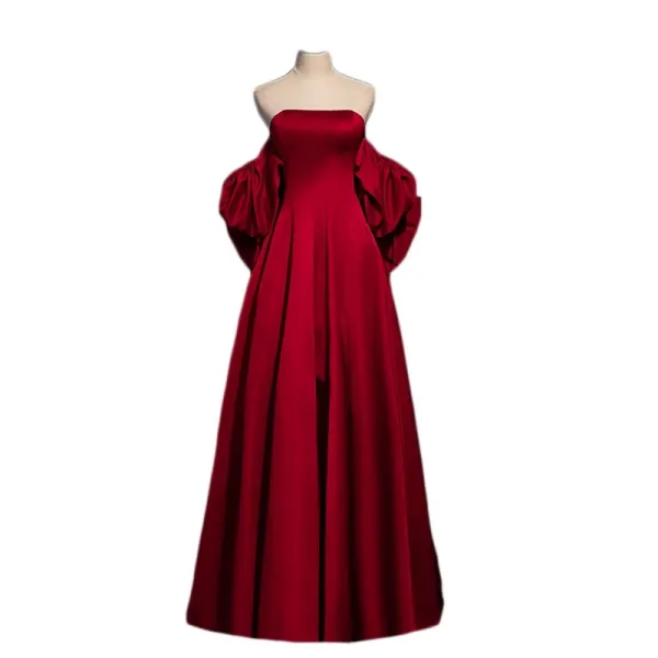 Chic / Beautiful Burgundy Satin Prom Dresses 2023 A-Line / Princess Strapless Short Sleeve Backless Bow Floor-Length / Long Prom Formal Dresses