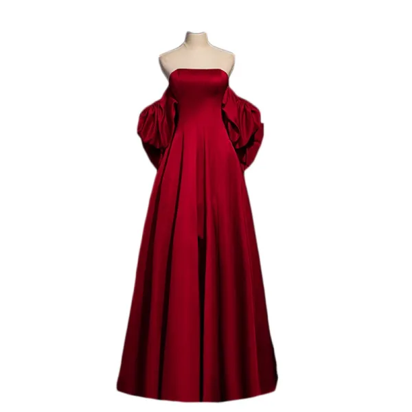 Classy Burgundy A-Line / Princess Prom Dresses 2024 Strapless Short Sleeve Backless Bow Floor-Length / Long Prom Formal Dresses