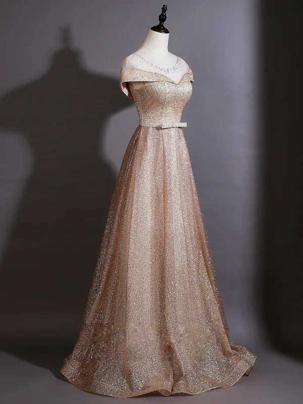 Dazzling Gold Sequins Rhinestone Bow Sash Evening Dresses 2026 A-Line / Princess Scoop Neck Cap Sleeves Backless