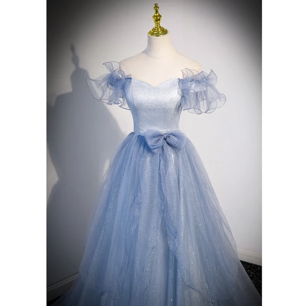 Schöne Himmelblau Pailletten Strass Ballkleider 2023 A Linie Off Shoulder Ärmellos Rückenfreies Schleife Lange Festliche Kleider