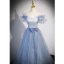 Schöne Himmelblau Pailletten Strass Ballkleider 2023 A Linie Off Shoulder Ärmellos Rückenfreies Schleife Lange Festliche Kleider