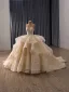 Luxury / Gorgeous Bling Bling Champagne Beading Sequins Lace Flower Cascading Ruffles Wedding Dresses 2026 Ball Gown Strapless Sleeveless Backless Chapel Train