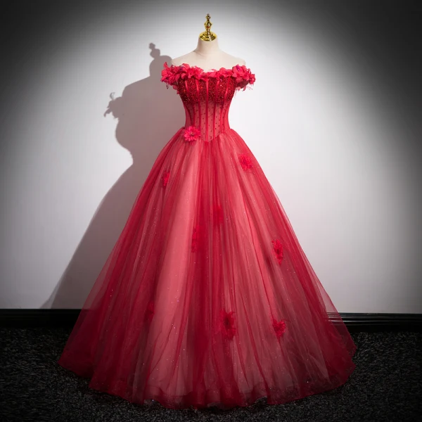 Chic / Beautiful Red Flower Prom Dresses 2023 Off-The-Shoulder Sleeveless Floor-Length / Long Ball Gown Formal Dresses