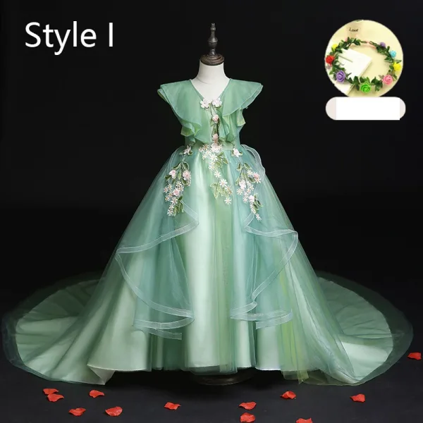 Flower Fairy Sage Green Appliques Lace Flower Birthday Flower Girl Dresses 2024 Ball Gown V-Neck Bell sleeves Court Train Flower Girl Dresses