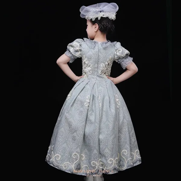 Vintage / Retro Medieval Pool Blue Flower Girl Dresses 2024 3D Lace Floral Printing Scoop Neck Short Sleeve Cosplay Prom Ball Gown Wedding Party Dresses