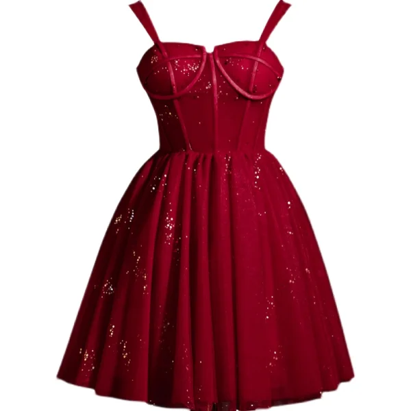 Fashion Black Sequins Short Party Dresses 2022 A-Line / Princess Spaghetti Straps Backless Sleeveless Formal Dresses