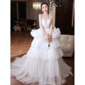 Sexy Blanche Volants En Cascade Robe De Soirée 2023 Princesse Bretelles Spaghetti Sans Manches Train De Balayage Soirée Robe De Ceremonie