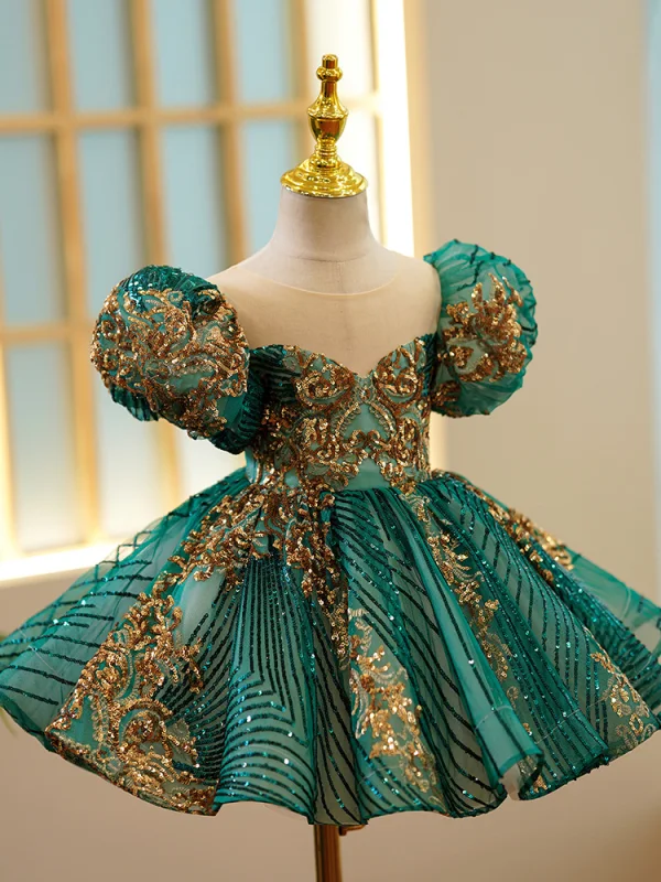 Scintillantes Vert Foncé Paillettes En Dentelle Courte Robe Ceremonie Fille 2022 Robe Boule Encolure Dégagée Gonflée Manches Courtes Promo Robe Ceremonie Fille