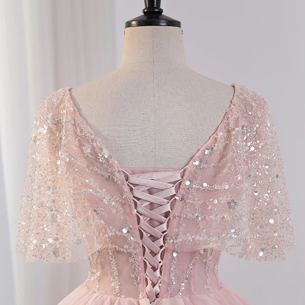 Charmant Rougissant Rose Perlage Noeud Paillettes Robe De Bal 2023 Robe Boule V-Cou Manches Courtes Dos Nu Longue Promo Robe De Ceremonie
