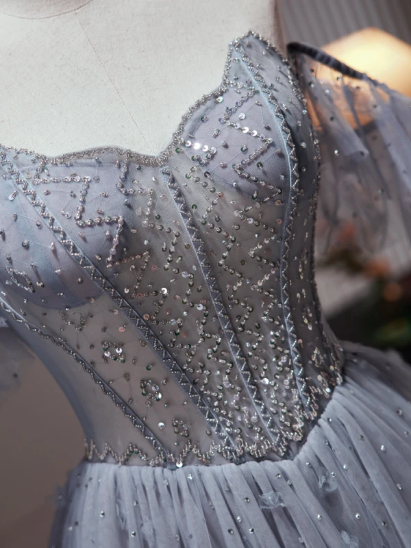 Charmant Meeresblau Perlenstickerei Pailletten Ballkleider 2023 A Linie Off Shoulder Kurze Ärmel Rückenfreies Lange Ball Festliche Kleider