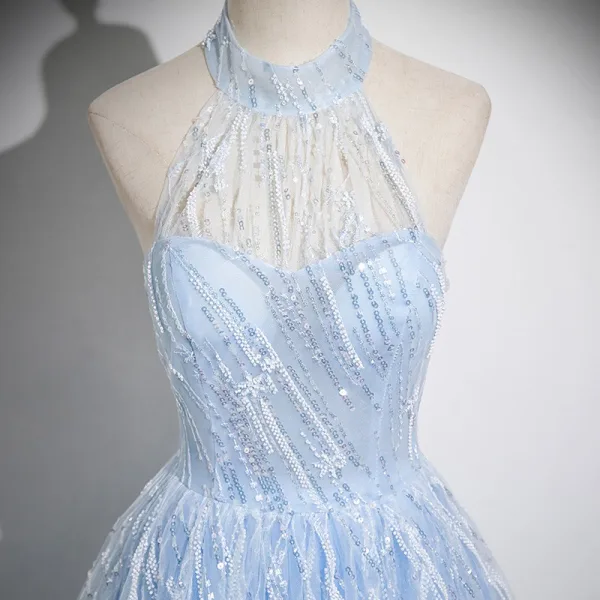 Sexy Sky Blue Beading Sequins Prom Dresses 2025 A-Line / Princess Halter Sleeveless Backless Sweep Train Formal Dresses
