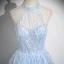 Sexy Sky Blue Beading Sequins Prom Dresses 2025 A-Line / Princess Halter Sleeveless Backless Sweep Train Formal Dresses