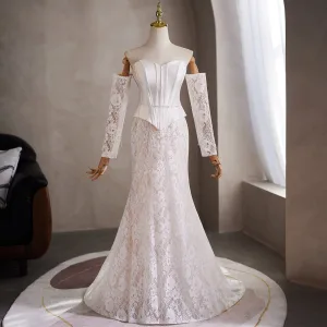 Elegant White Pearl Lace Flower Wedding Dresses 2026 Trumpet Mermaid Off The Shoulder Long Sleeve Backless Sweep Train