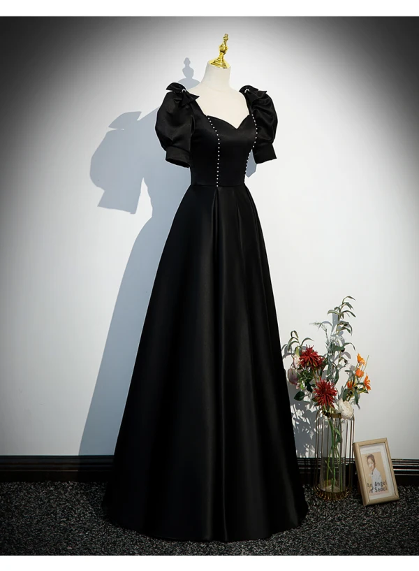 Elegant Black Evening Dresses 2023 A-Line / Princess Square Neckline Bow Puffy Short Sleeve Backless Floor-Length / Long Evening Party Formal Dresses
