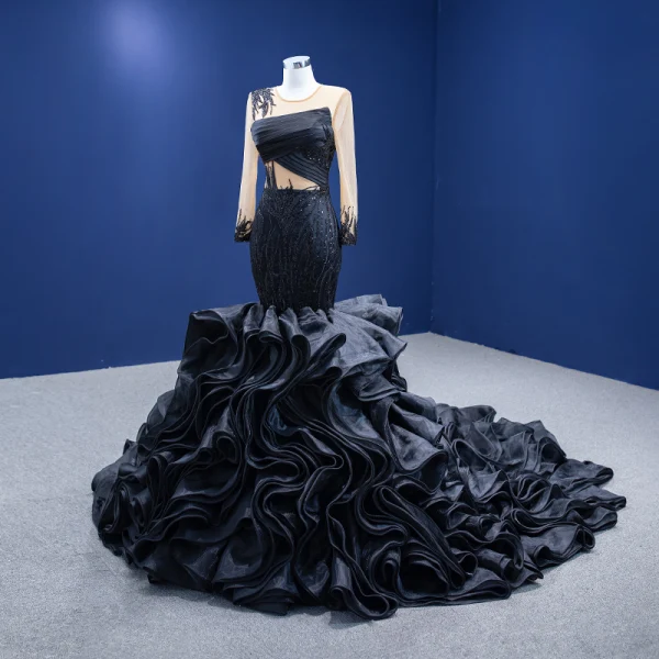 High-end Black Beading Rhinestone Sequins Evening Dresses 2022 Trumpet / Mermaid Scoop Neck Long Sleeve Cascading Ruffles Royal Train Evening Party Formal Dresses