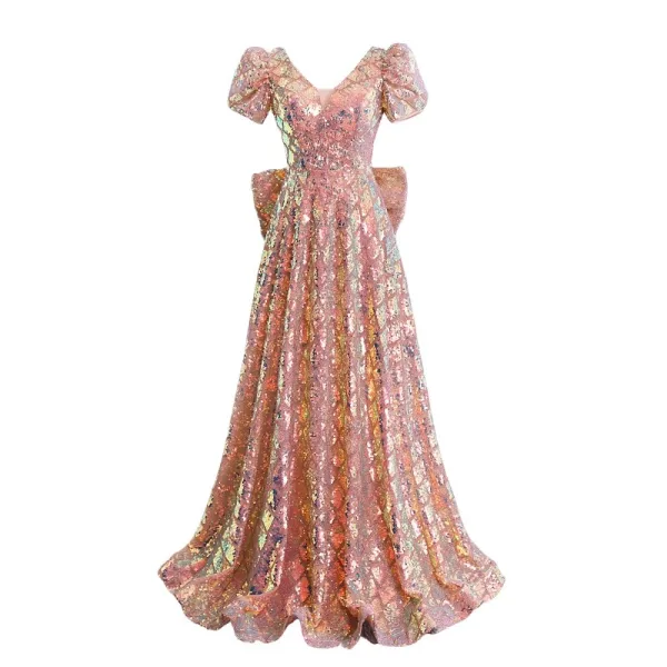Scintillantes Or Rose Paillettes Robe De Soirée 2023 Princesse V-Cou Manches Courtes Dos Nu Noeud Train De Balayage Soirée Robe De Ceremonie