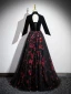 Elegant Black Long Sleeve Prom Dresses 2024 A-Line / Princess Floor-Length / Long Deep V-Neck Flower Crossed Straps Red Carpet Evening Dresses