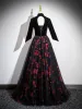 Elegant Black Long Sleeve Prom Dresses 2024 A-Line / Princess Floor-Length / Long Deep V-Neck Flower Crossed Straps Red Carpet Evening Dresses