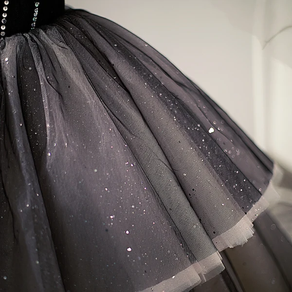 Fashion Black Rhinestone Sequins Cascading Ruffles Flower Girl Dresses 2023 Ball Gown Scoop Neck Birthday Short Sleeve Floor-Length / Long