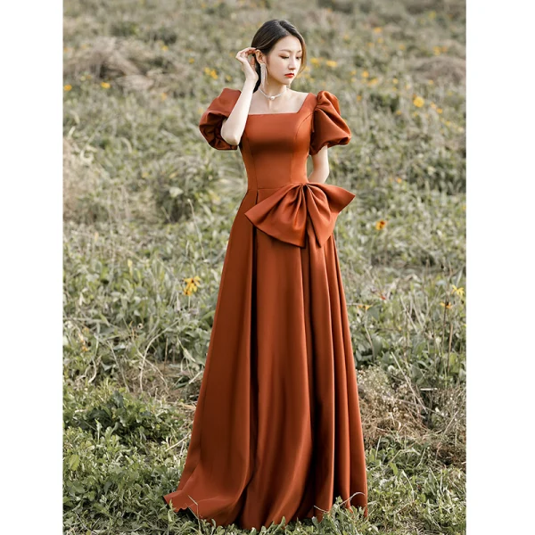 Vintage / Retro Brown Satin Prom Dresses 2022 A-Line / Princess Square Neckline Puffy Short Sleeve Backless Bow Floor-Length / Long Prom Formal Dresses