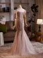 Haut de Gamme Charmant Champagne Perlage Paillettes Robe De Soirée 2025 Trompette / Sirène De l'épaule Manches Courtes Dos Nu Train De Balayage Soirée Robe De Ceremonie