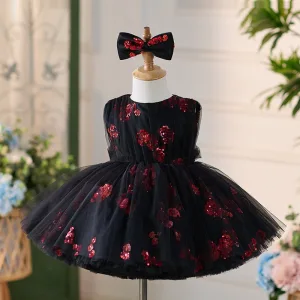 Chic Beautiful Black Red Sequins Birthday Flower Girl Dresses 2024 Ball Gown Scoop Neck Sleeveless Short Bow