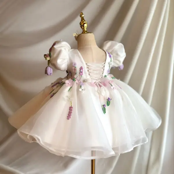 Chic / Beautiful White Beading Appliques Birthday Short Flower Girl Dresses 2026 Ball Gown Scoop Neck Puffy Short Sleeve