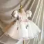 Chic / Beautiful White Beading Appliques Birthday Short Flower Girl Dresses 2026 Ball Gown Scoop Neck Puffy Short Sleeve