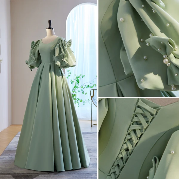 Elegant Sage Green Satin Prom Dresses 2023 A-Line / Princess Scoop Neck Puffy Short Sleeve Pearl Bow Floor-Length / Long Prom Formal Dresses